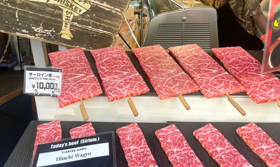Yummy Waygu beef on the streets of Osaka, Japan.