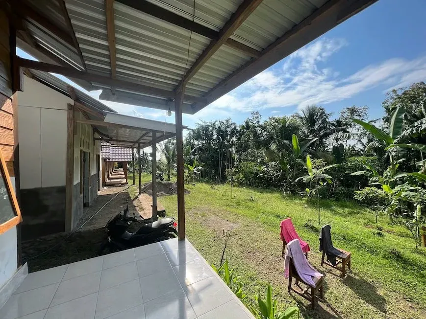 view of the tree filled garden of a homestay in the jungle of north lombok in indonesia