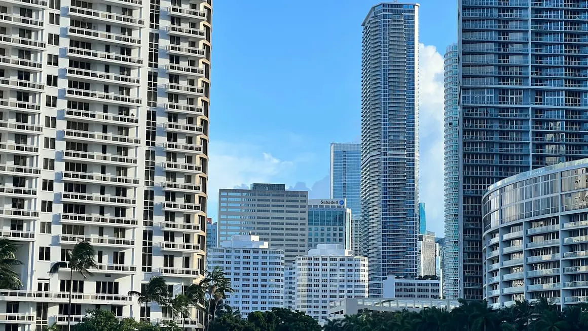 skyscrapers near the ocean on a sunny day in Miami, Florida United States of America.