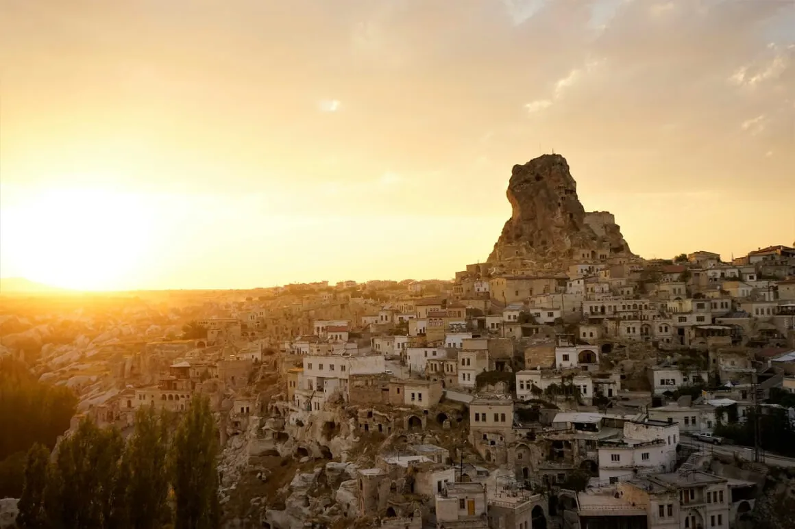 Ortahisar Cappadocia with the sunset glowing light over the city