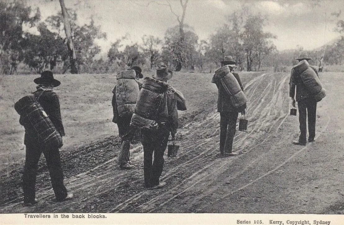 Archived photo of swagmen on a hiking adventure in Australia