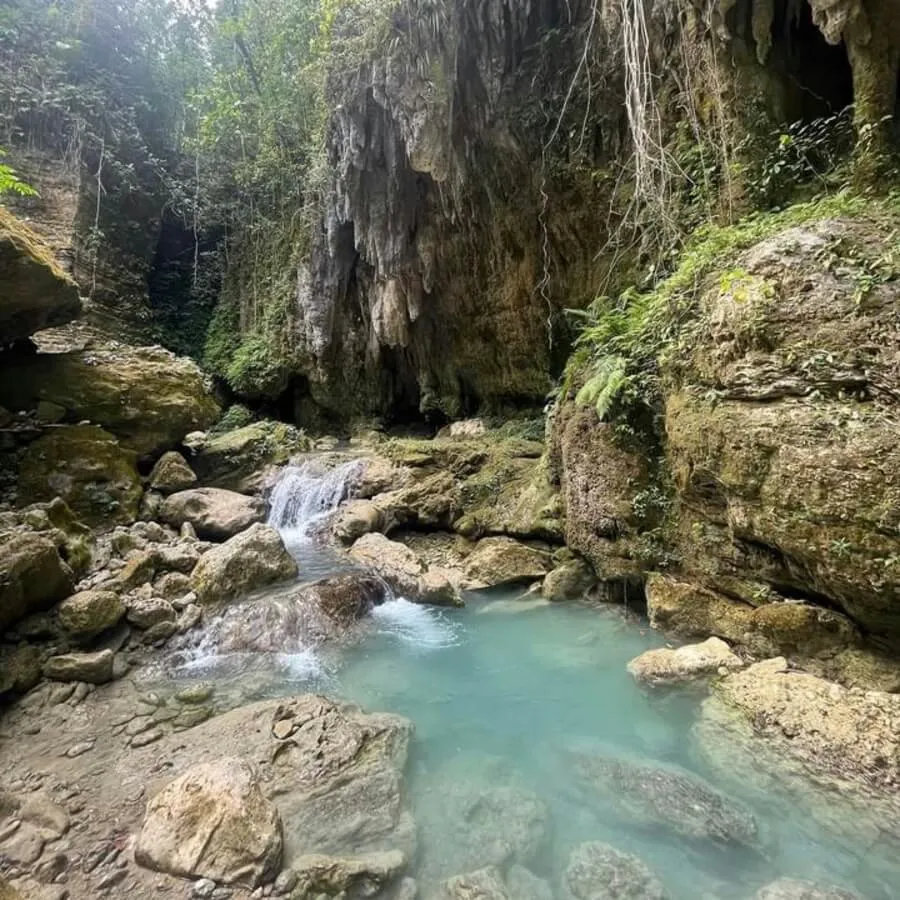view of blue water and rock formations in kawasan falls, moalboal