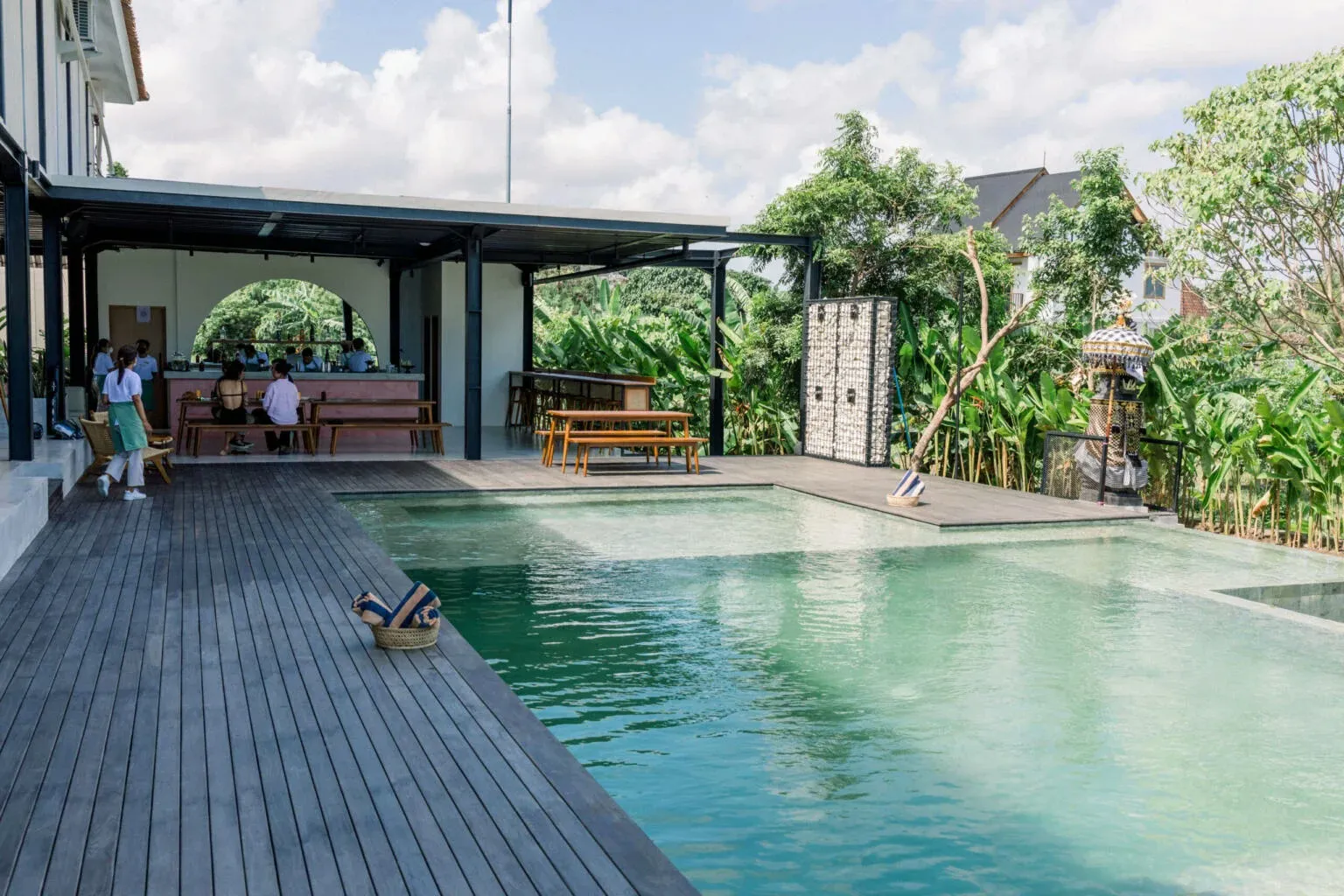 Looking out over the swimming pool at tribal hostel in Bali, Indonesia