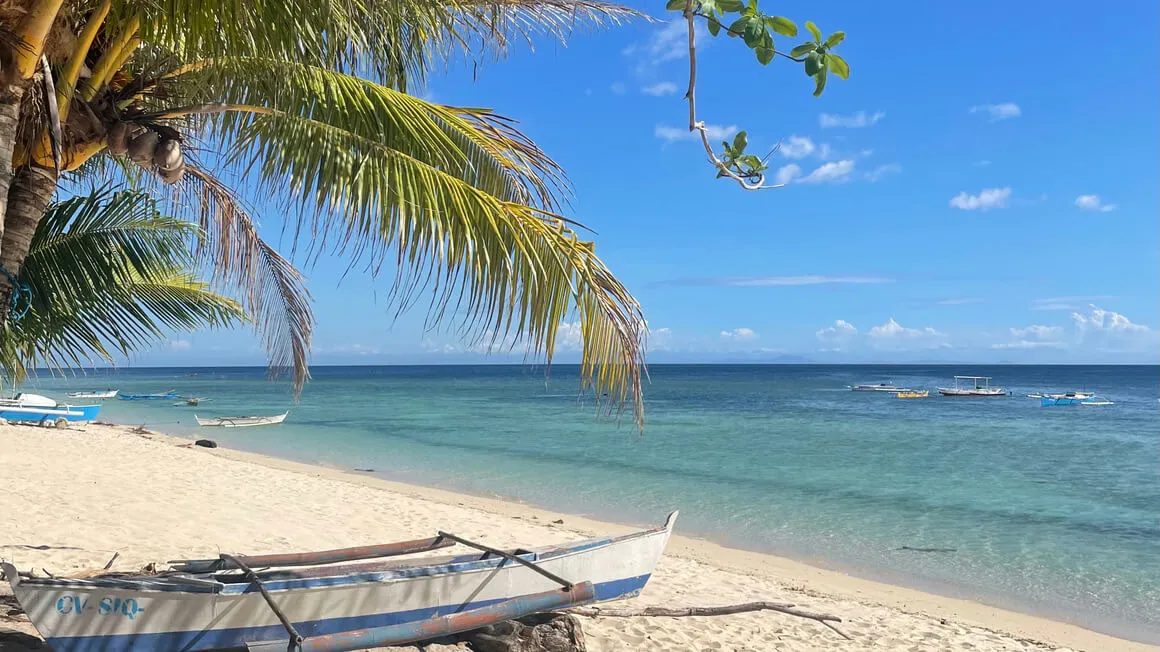 palm trees and fishing boats on tubod beach siquijor philippines