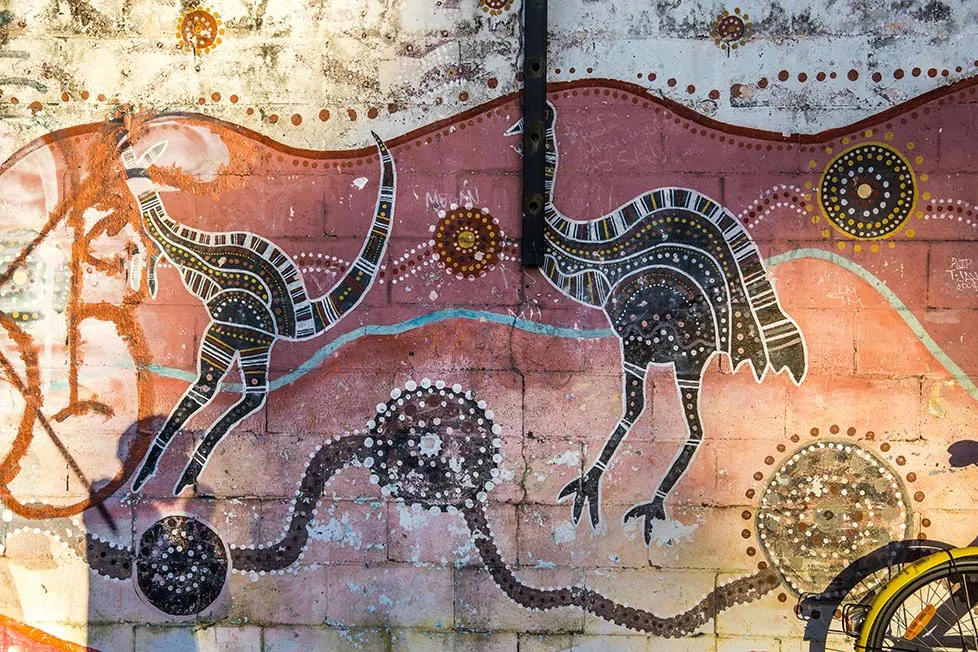 Paintings of kangaroos and emus by Indigenous artists in Sydney, Australia